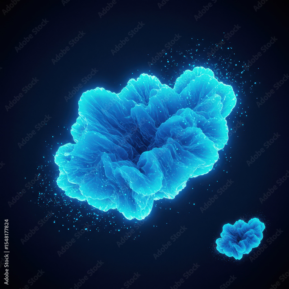 Poster mysterious blue abstract form with glowing light and particle texture. futuristic neon energy concep