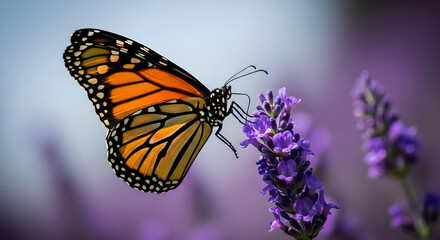 Obraz premium Monarch Butterfly Delightfully Sipping Nectar From Purple Blooming Lavender Flower