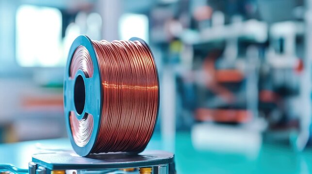 Spool of thin enameled magnet wire placed on a lab bench