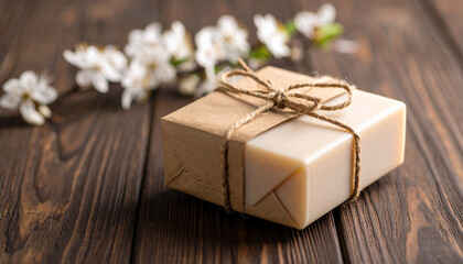 Natural Soap Bar Wrapped in Kraft Paper on Neutral Background – Eco-Friendly Skincare Product
