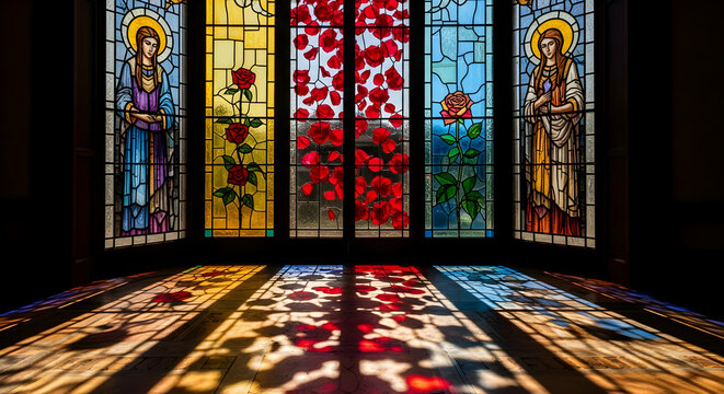 Illuminated Stained Glass Window Featuring Religious Imagery and Rose Motifs - Powered by Adobe