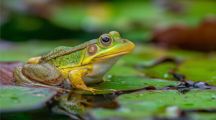 Fototapeta premium frog sitting on leaf in pond closeup , generated via ai