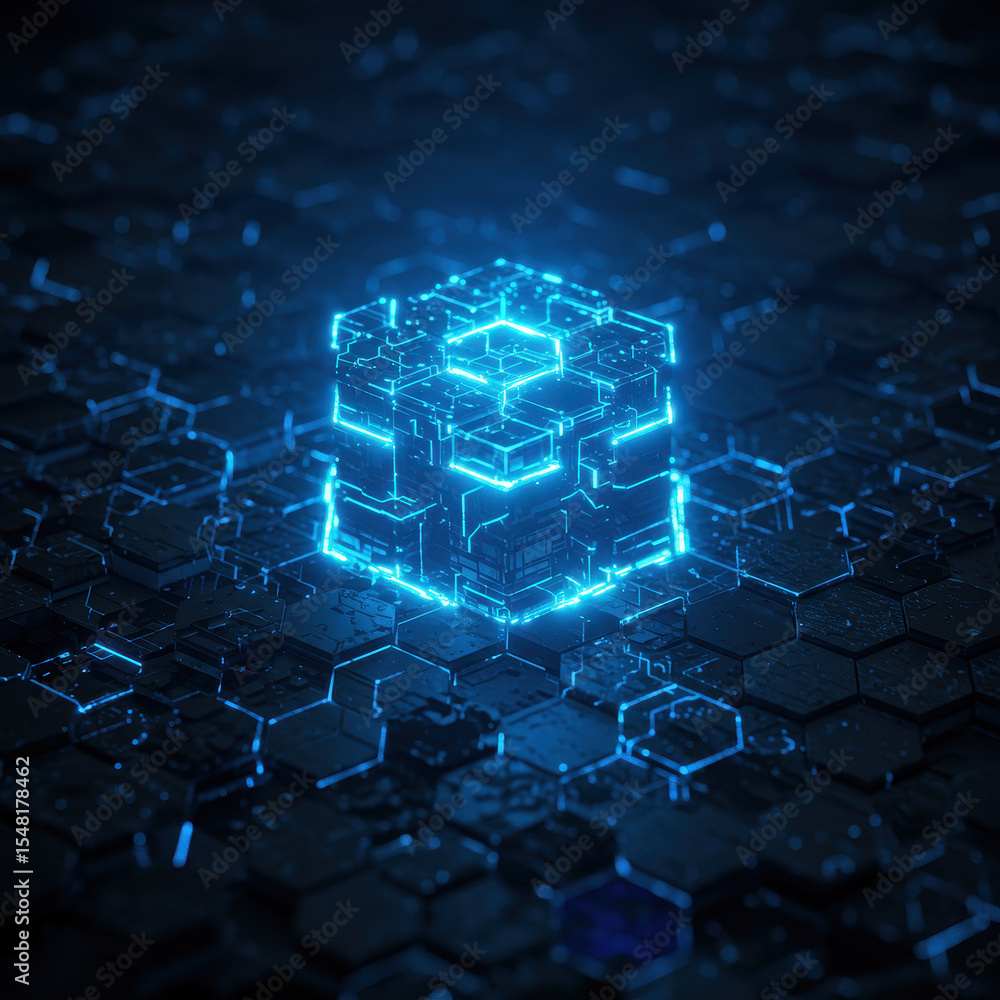 Poster powerful glowing blue cube of digital energy sits on futuristic hexagon network. an abstract represe