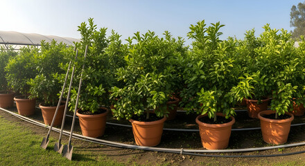 Fototapeta premium Citrus Grove Young Trees In Pots, Cultivation In Greenhouse Under Blue Sky