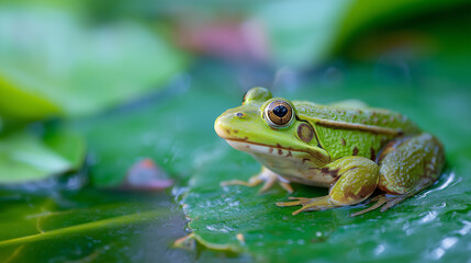 Obraz premium frog sitting on leaf in pond closeup , generated via ai