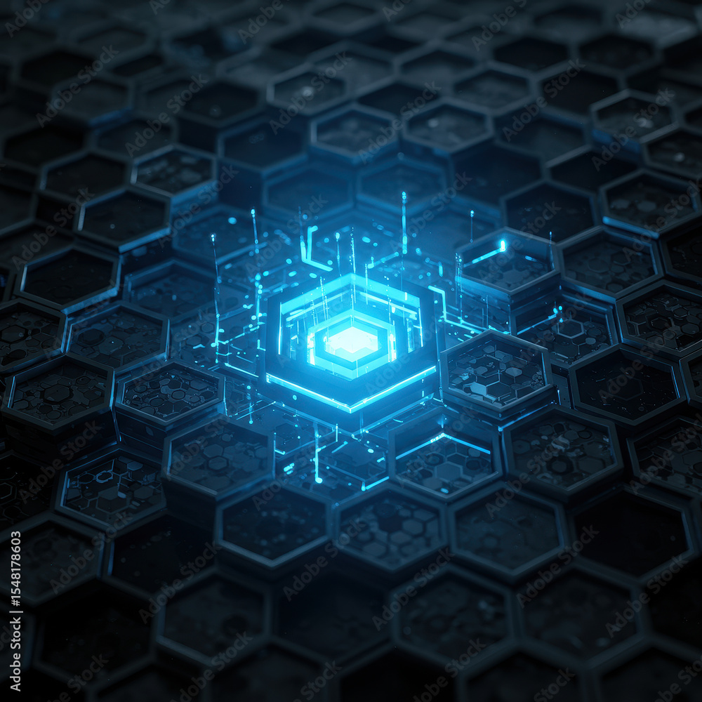 Poster abstract hexagon technology background with glowing blue light. powerful digital network core repres