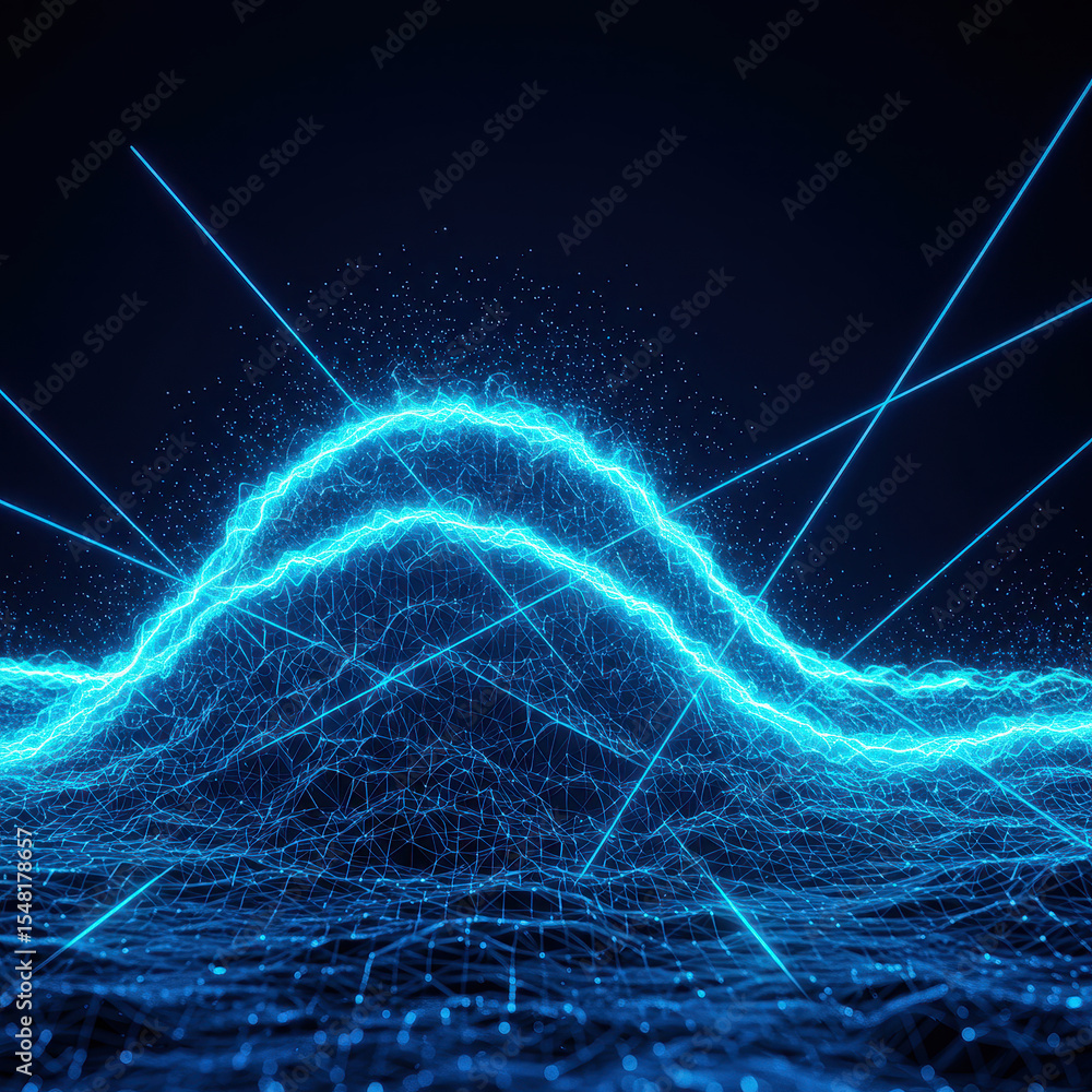 Poster abstract blue neon wave of digital energy pulsing across dark background. dynamic light display with