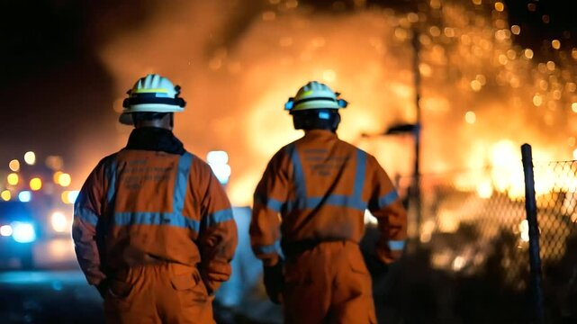 Night scene lit by portable floodlights, rescue workers in orange suits silhouetted against flickering firelight from nearby gas leaks