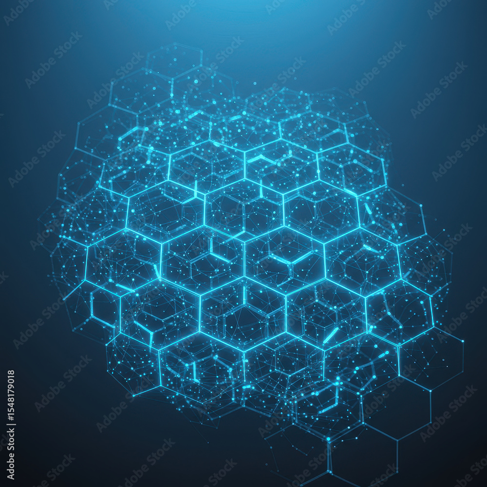 Poster blue light hexagon hive forms an abstract network. this technology represents an internet connection