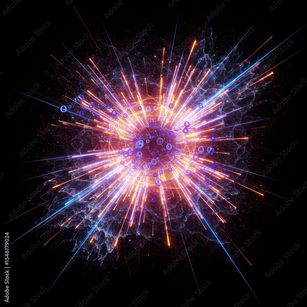 Poster awe inspiring abstract explosion of energy. futuristic light burst with dynamic neon rays and glowin