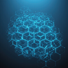 Blue light hexagon hive forms an abstract network. This technology represents an internet connection for future data and communication, feeling innovative and complex