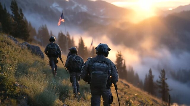 Team of searchers pauses for a moment of silence, flags at half-mast in the background, honoring lives lost as sunlight breaks through smoke