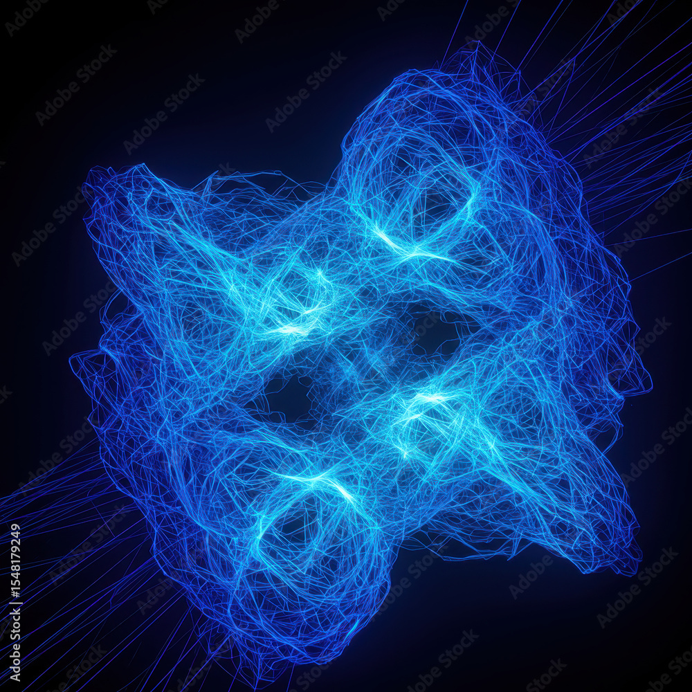 Poster abstract blue energy network with glowing laser light beams on dark background. futuristic digital c