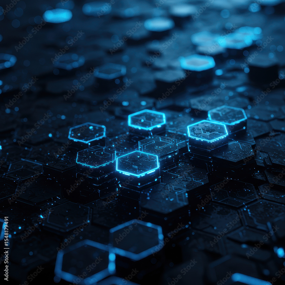 Aufkleber intriguing abstract futuristic background with blue glowing hexagon pattern. digital network of conn
