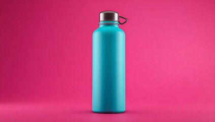 3D render of a cyan water bottle on a pink background, top view. 