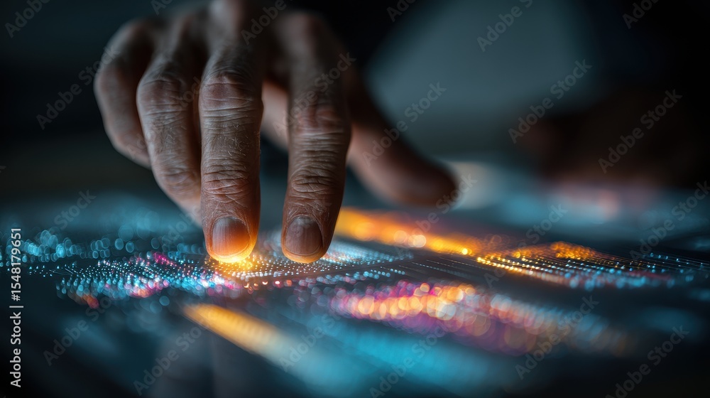 Poster person using futuristic touchscreen interface with glowing fingertips in dark room