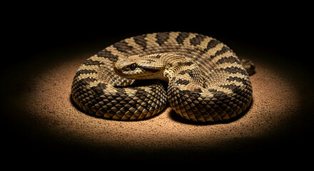 Obraz premium Coiled Serpent In Dramatic Spotlight Shows Wildlife Beauty And Danger