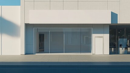 Blank rectangular storefront sign above glass door entrance of modern urban shop
