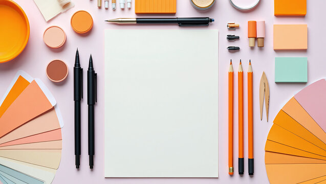 Flat lay of creative workspace with color swatches pens pencils and blank paper for design inspiration - Powered by Adobe