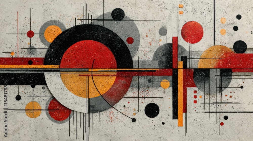 Poster this artwork showcases a composition of circles and lines in vibrant shades of red, yellow, black, a