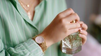 Elegant woman applying perfume while wearing a stylish watch and a green shirt indoors in a modern setting
