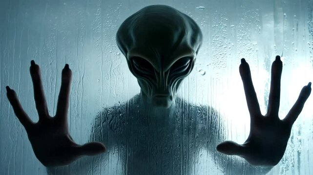Eerie grey alien pressing its hands against a wet and steamy glass window with cold backlighting