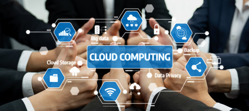 A collaborative effort among professionals highlighted by a digital interface showcasing cloud computing concepts. Ideal for technology and business themes. Amity