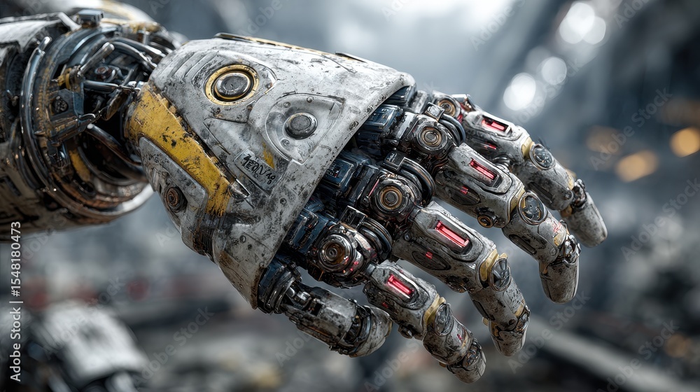 Aufkleber Close-up on futuristic robot hand showing intricate mechanical details, featuring weathered metallic textures and subtle red light elements