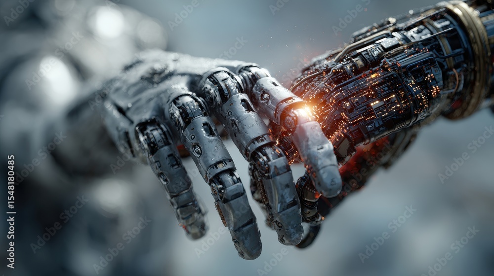 Aufkleber Close-up on futuristic robot hand showing intricate mechanical details, featuring weathered metallic textures and subtle red light elements