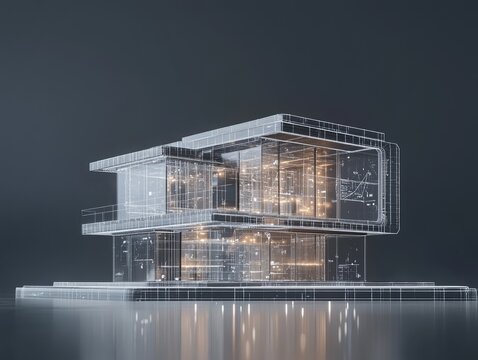 Futuristic, transparent house model on a reflective surface