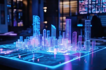 Futuristic city model, glowing holographic