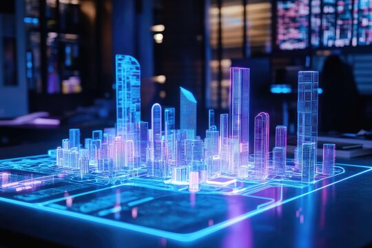 Futuristic city model, glowing holographic - Powered by Adobe
