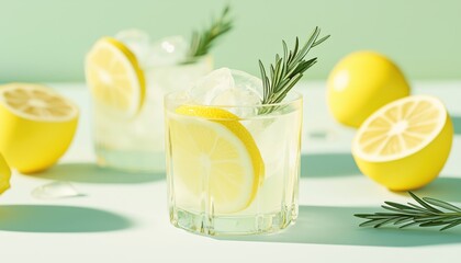 Fototapeta premium Icy Lemonade Cooler: A Summer Drink With Ice, Rosemary, Lemon Slices On A Light Green Background. Fresh And Healthy Lemon Water.