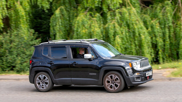 Milton Keynes,Bucks,UK - June 22nd 2025: 2015  black Jeep Renegade car driving on a British road