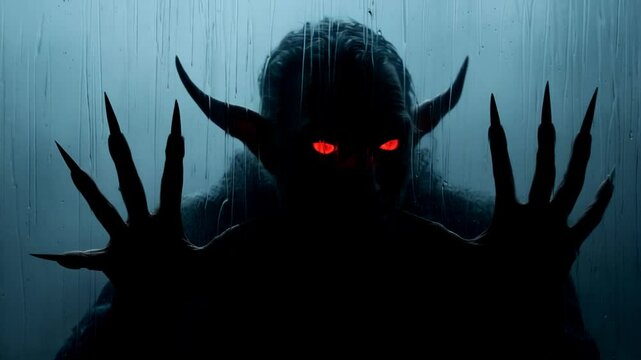 Silhouette of a terrifying demon with glowing red eyes pressing its sharp claws against a wet window