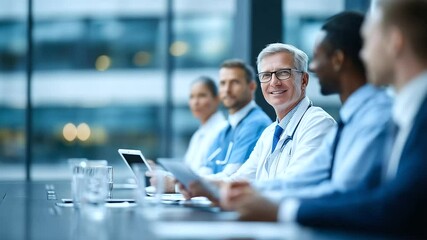 Multiracial team of doctors and nurses in white coats and scrubs seated around a sleek conference table, mid-discussion, with medical charts and digital tablets in hand, sunlight s - Powered by Adobe