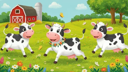 Fototapete Rund Happy cows frolicking in pastoral farm scene with red barn and butterflies © elena_hramowa