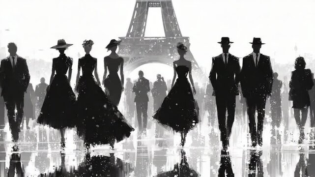 Elegant Parisian Crowd: A Stylish Gathering near the Eiffel Tower Black and White