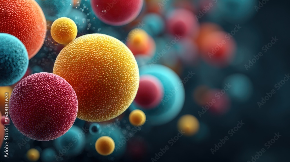 Aufkleber brightly colored spheres representing cells and molecules are suspended in a dark background. the sc