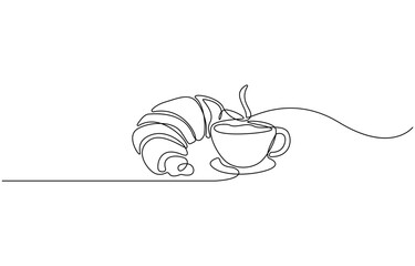 Breakfast with croissant and coffee drawn in one line style, One continuous line drawing croissant with coffee mug. Breakfast in simple linear style. Pastry Croissant. Vector illustration