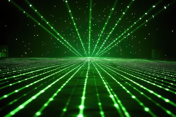 Green laser beams radiating from a central point on a dark surface