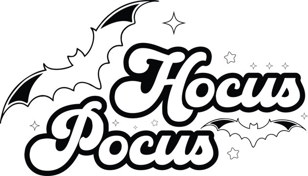 "Hocus Pocus Halloween Typography T-Shirt Design with Bats and Stars"