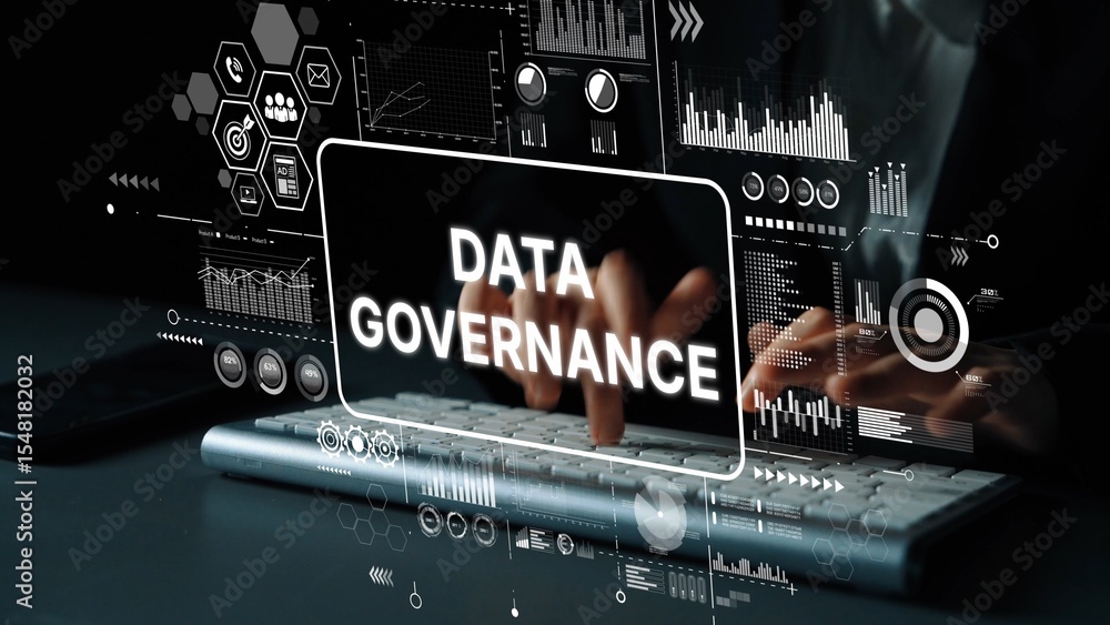 Aufkleber business professional engaging in data governance with digital graphics and analytics visualization 