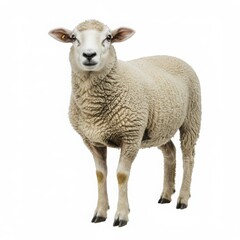 Fototapeta premium Sheep standing on white background, showcasing its fluffy wool coat and gentle expression, representing farm life and animal husbandry in a serene environment