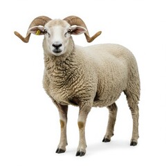 Fototapeta premium Sheep with thick wool and prominent curved horns stands confidently on a white background, showcasing its unique features and characteristics in a captivating manner
