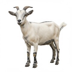 Fototapeta premium Goat standing upright with a friendly expression, showcasing its white fur and distinctive black markings, set against a clean white background, emphasizing its playful nature and charm