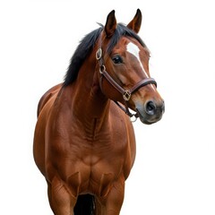 Obraz premium Majestic brown horse with a shiny coat and strong physique stands proudly, showcasing its beauty and grace in a serene outdoor environment, embodying equine elegance and strength