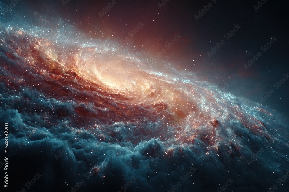 Poster Enormous nebulous celestial bodies illuminated by starlight display vast cosmic formations and create a serene spectacle of celestial artistry