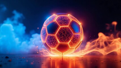Futuristic glowing soccer ball surrounded by vibrant fire and icy smoke effects - Powered by Adobe
