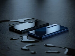 Sleek Smartphones on Wet Surface Modern Technology and Water Resistance Featuring a Black and Blue Device with a Reflective Moody and Dark Aesthetic